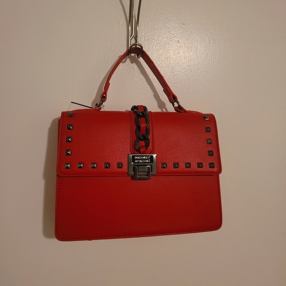 NWT Badgley Mischka Red, Crossbody, Studded,Purse/bag With Onyx Chain Decor - Picture 1 of 16